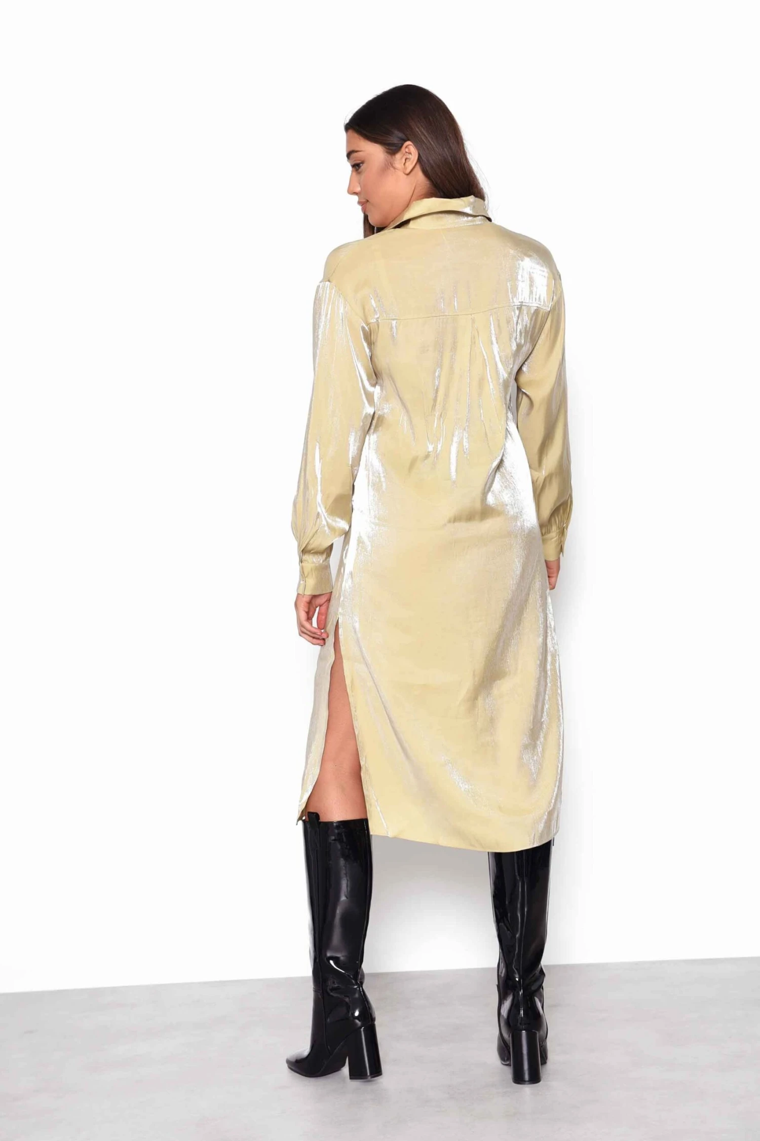 Glamorous Ochre Shimmer Long Sleeve Midi Shirt Dress With Side Splits 4 Glamorous Ochre Shimmer Long Sleeve Midi Shirt Dress With Side Splits - Image 2