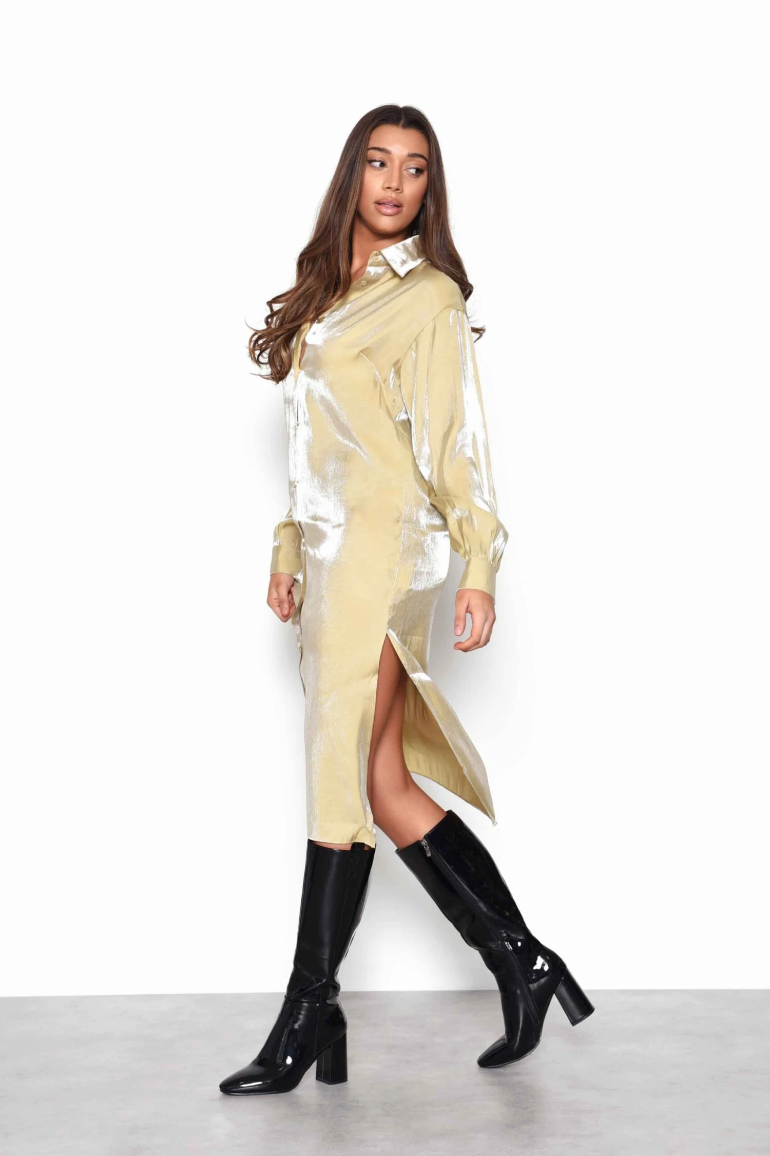 Glamorous Ochre Shimmer Long Sleeve Midi Shirt Dress With Side Splits 5 Glamorous Ochre Shimmer Long Sleeve Midi Shirt Dress With Side Splits - Image 3