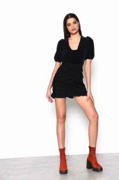 Glamorous Black Velvet Plunging Neck Bodysuit With Puff Sleeves 7 Glamorous Black Velvet Plunging Neck Bodysuit With Puff Sleeves -Glamorous Shop TM0413 B79 03