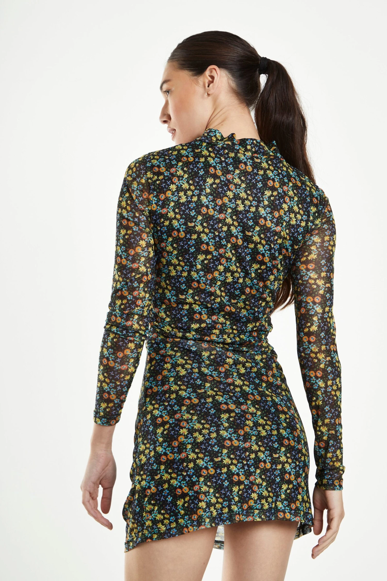 Glamorous Black Multi Floral Mesh Long Sleeved Ruched Mini Dress 4 Glamorous Black Multi Floral Mesh Long Sleeved Ruched Mini Dress - Image 2