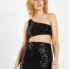 Glamorous Black Sequin Asymmetric Crop Top