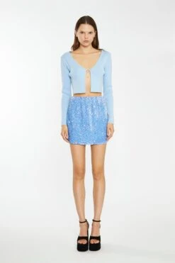 Glamorous Powder-Blue Velvet-Sequin Bodycon Mini-Skirt