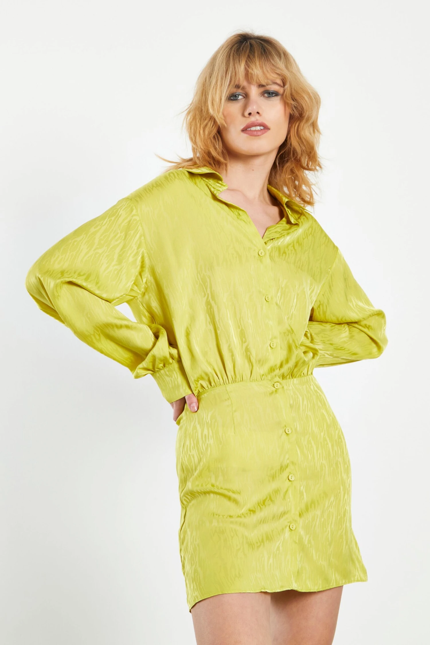 Glamorous Lime Satin Jacquard Tailored Mini Shirt Dress 3 Glamorous Lime Satin Jacquard Tailored Mini Shirt Dress