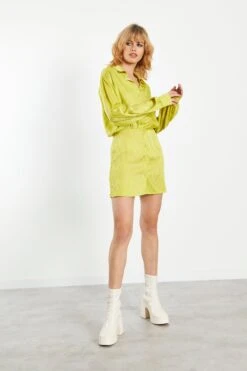 Glamorous Lime Satin Jacquard Tailored Mini Shirt Dress 9 Glamorous Lime Satin Jacquard Tailored Mini Shirt Dress -Glamorous Shop TM0689 DA31 03