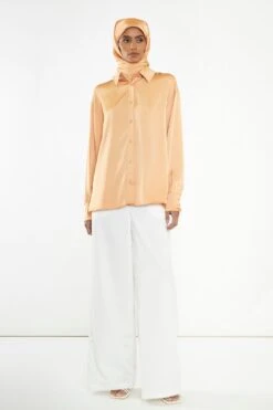 Glamorous Apricot Satin Long Sleeve Shirt