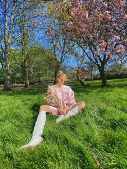 Glamorous Soft Pink Satin Statement Collar Mini Dress With Voluminous Sleeves