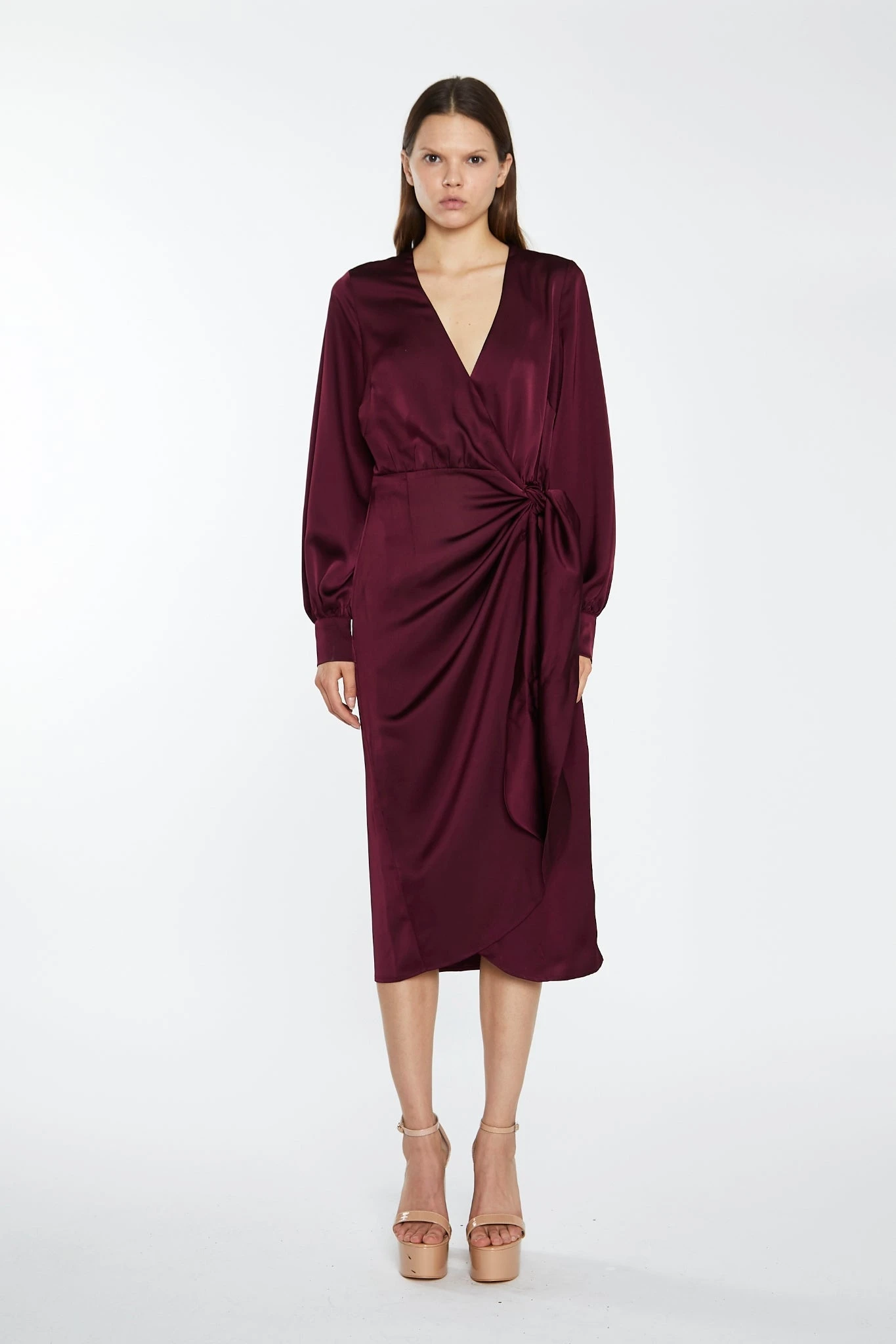 Glamorous Deep Burgundy Satin Long-Sleeve Wrap Midi-Dress 3 Glamorous Deep Burgundy Satin Long-Sleeve Wrap Midi-Dress