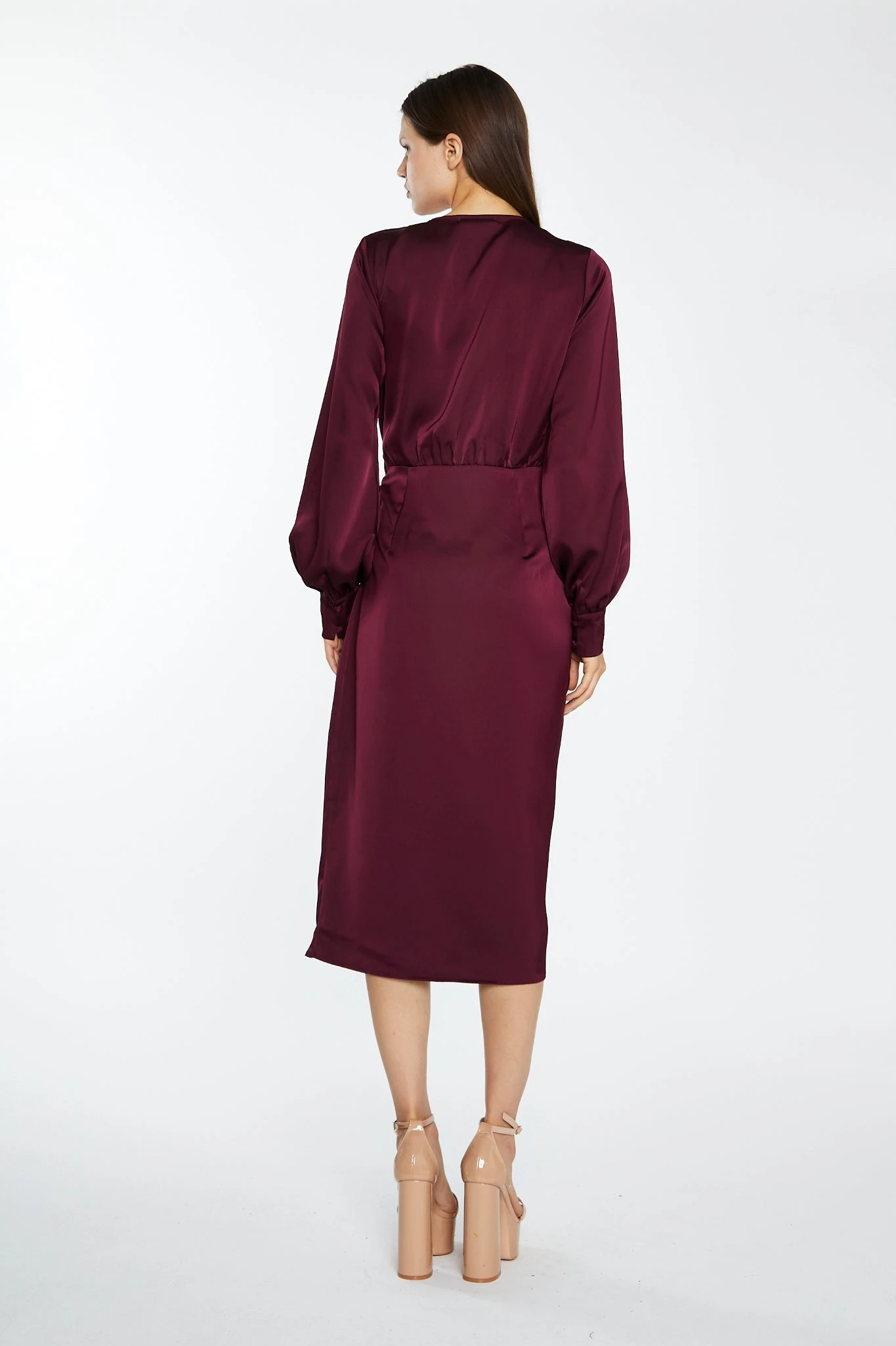 Glamorous Deep Burgundy Satin Long-Sleeve Wrap Midi-Dress 4 Glamorous Deep Burgundy Satin Long-Sleeve Wrap Midi-Dress - Image 2