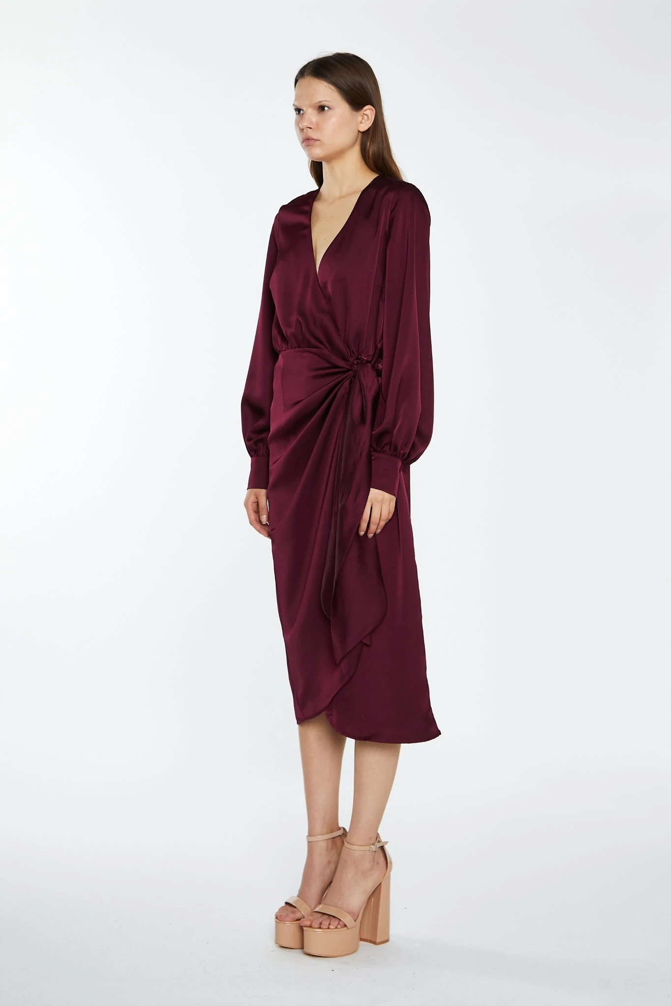Glamorous Deep Burgundy Satin Long-Sleeve Wrap Midi-Dress 6 Glamorous Deep Burgundy Satin Long-Sleeve Wrap Midi-Dress - Image 4