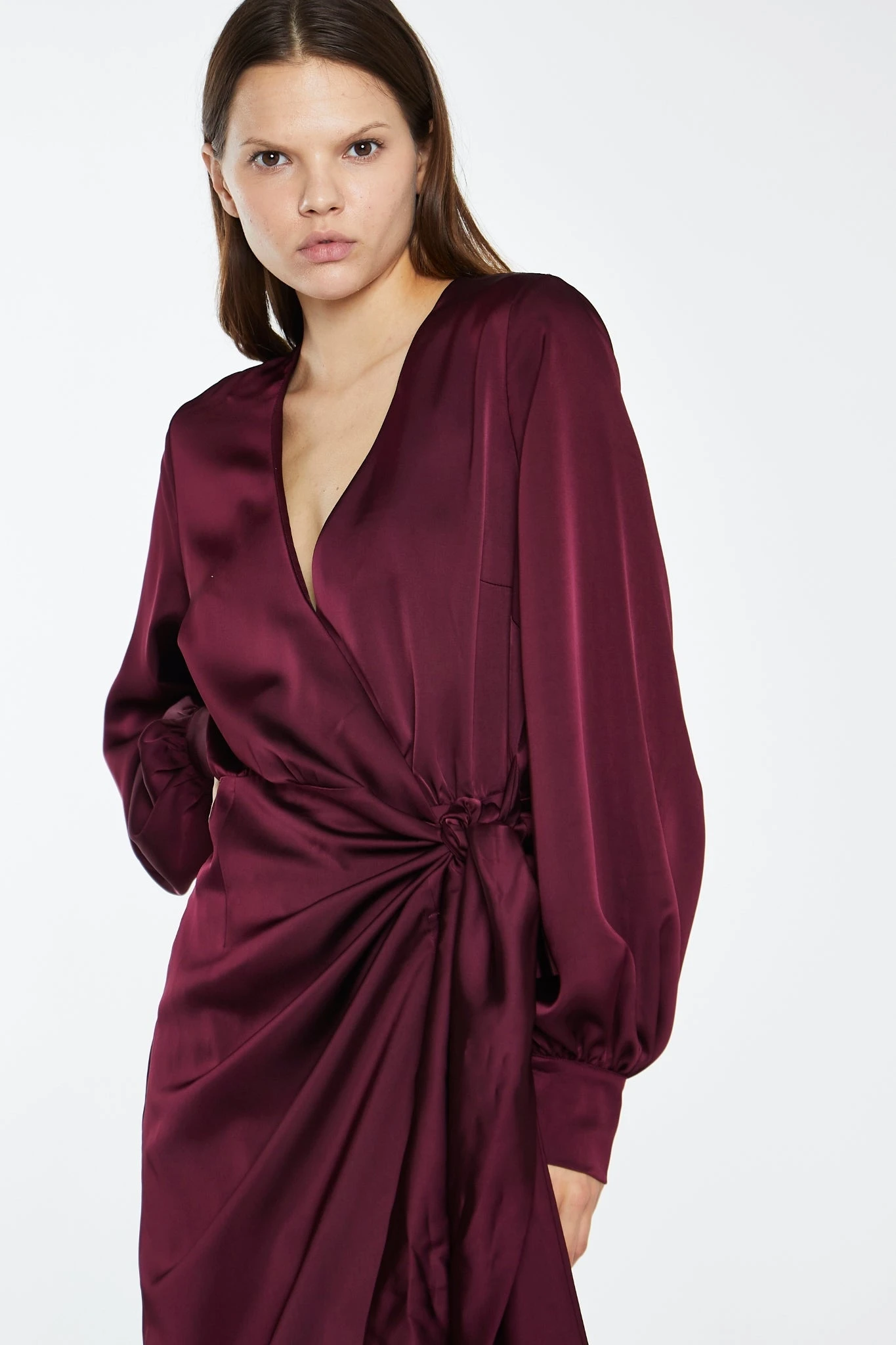 Glamorous Deep Burgundy Satin Long-Sleeve Wrap Midi-Dress 5 Glamorous Deep Burgundy Satin Long-Sleeve Wrap Midi-Dress - Image 3