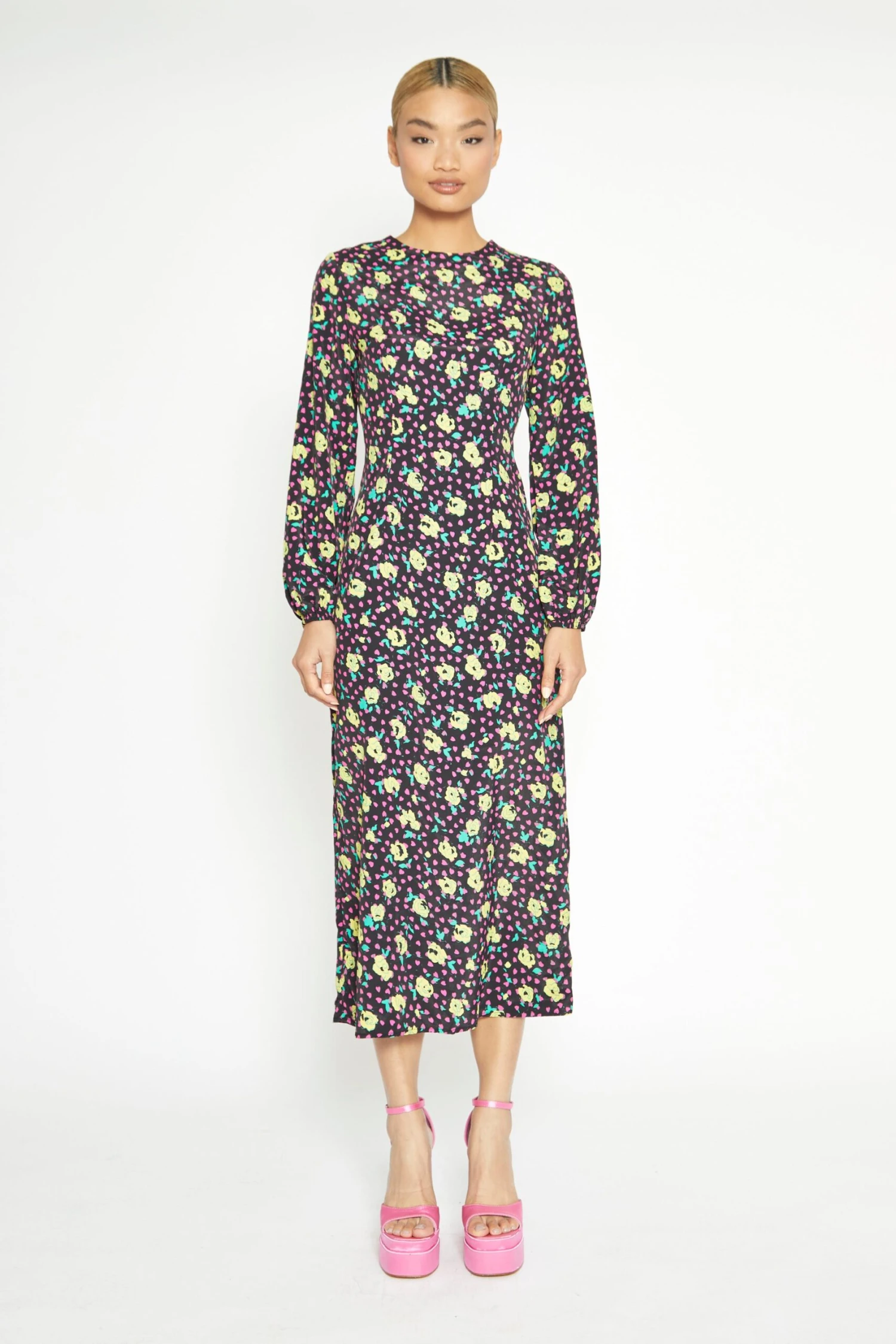 Glamorous Black Multi Rose Long Sleeve Midi Dress 3 Glamorous Black Multi Rose Long Sleeve Midi Dress