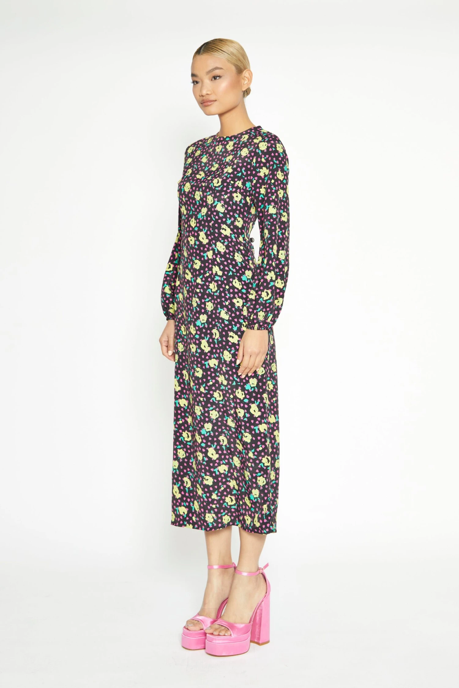 Glamorous Black Multi Rose Long Sleeve Midi Dress 6 Glamorous Black Multi Rose Long Sleeve Midi Dress - Image 4