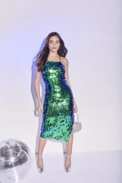 Glamorous Taylor Lace-Up Back Halterneck Midi Dress -Cobalt Sequin-Mix