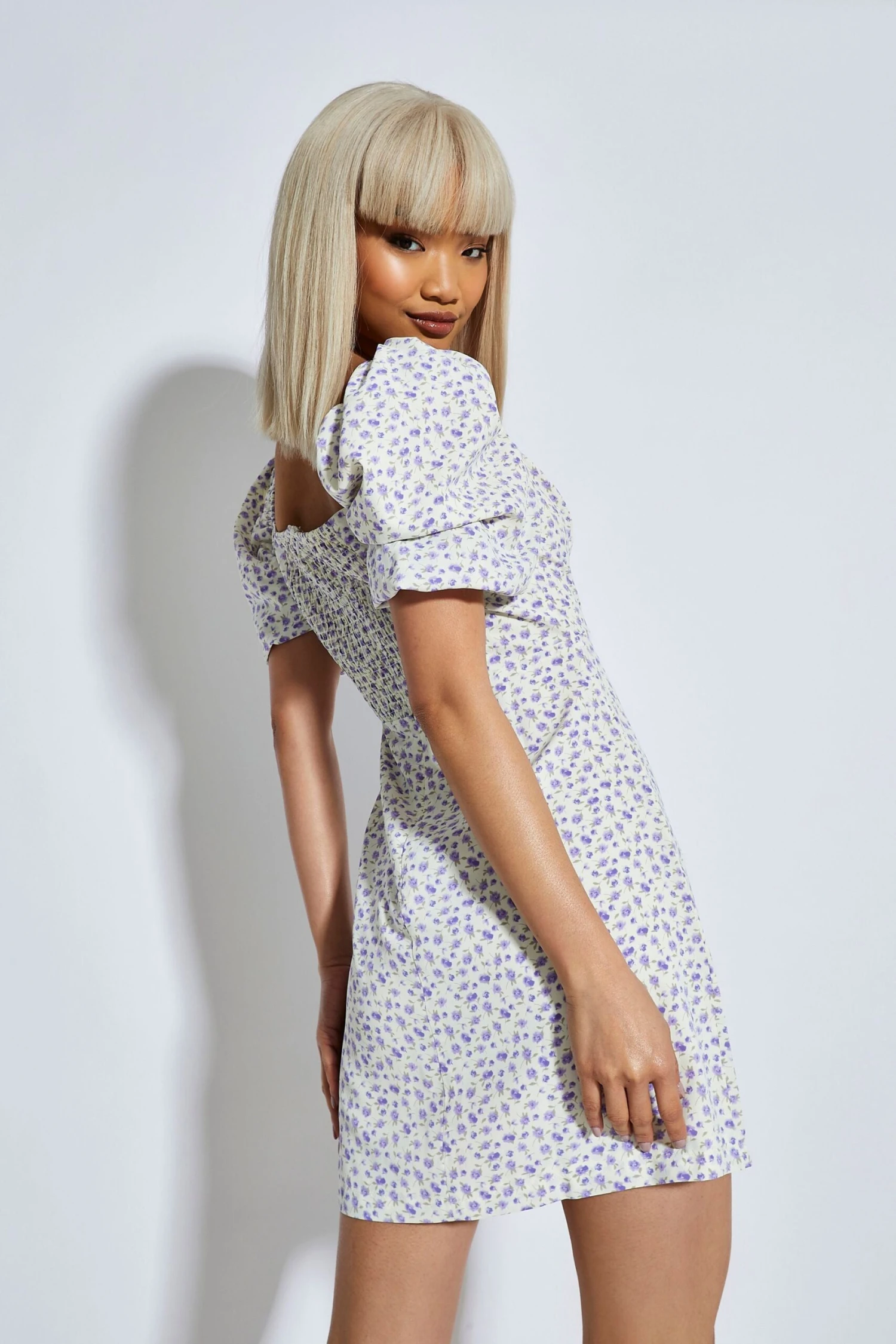 Glamorous Purple Floral Ditsy Bardot Puff Shoulder Mini Dress 6 Glamorous Purple Floral Ditsy Bardot Puff Shoulder Mini Dress - Image 4