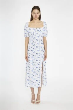 Glamorous Blue Dot Vintage Floral Milkmaid Midi-Dress
