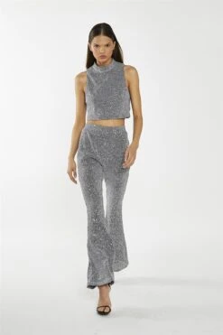 Glamorous Silver-Sequin Plisse High-Neck Crop-Top