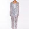 Glamorous Silver Sequin-Mesh V-neck Maxi-Dress