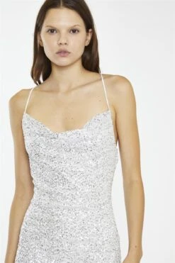 Glamorous Silver Micro-Sequin Cowl-neck Mini-Dress