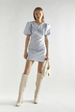 Glamorous Light-Blue Houndstooth Statement-Collar Mini-Dress