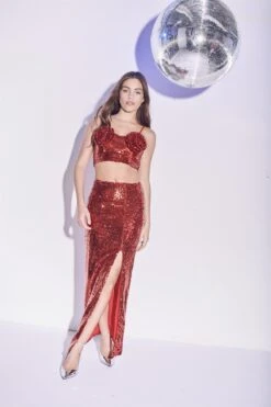 Glamorous Rosa Co-ord Thigh Split Maxi Skirt - Deep Red