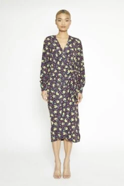 Glamorous Black Multi-Roses Wrap Midi-Dress