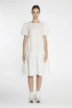 Glamorous Cream Textured-Brocade Tiered Midi-Dress