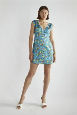 Glamorous Blue Lemon-Print V-Neck Mini-Dress