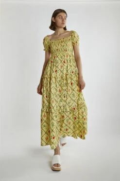 Glamorous Yellow Floral-Lattice Scoop Neck Maxi-Dress