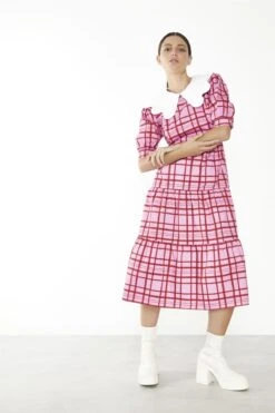Glamorous Pink-Red Grid-Check Tiered Collared Midi-Dress
