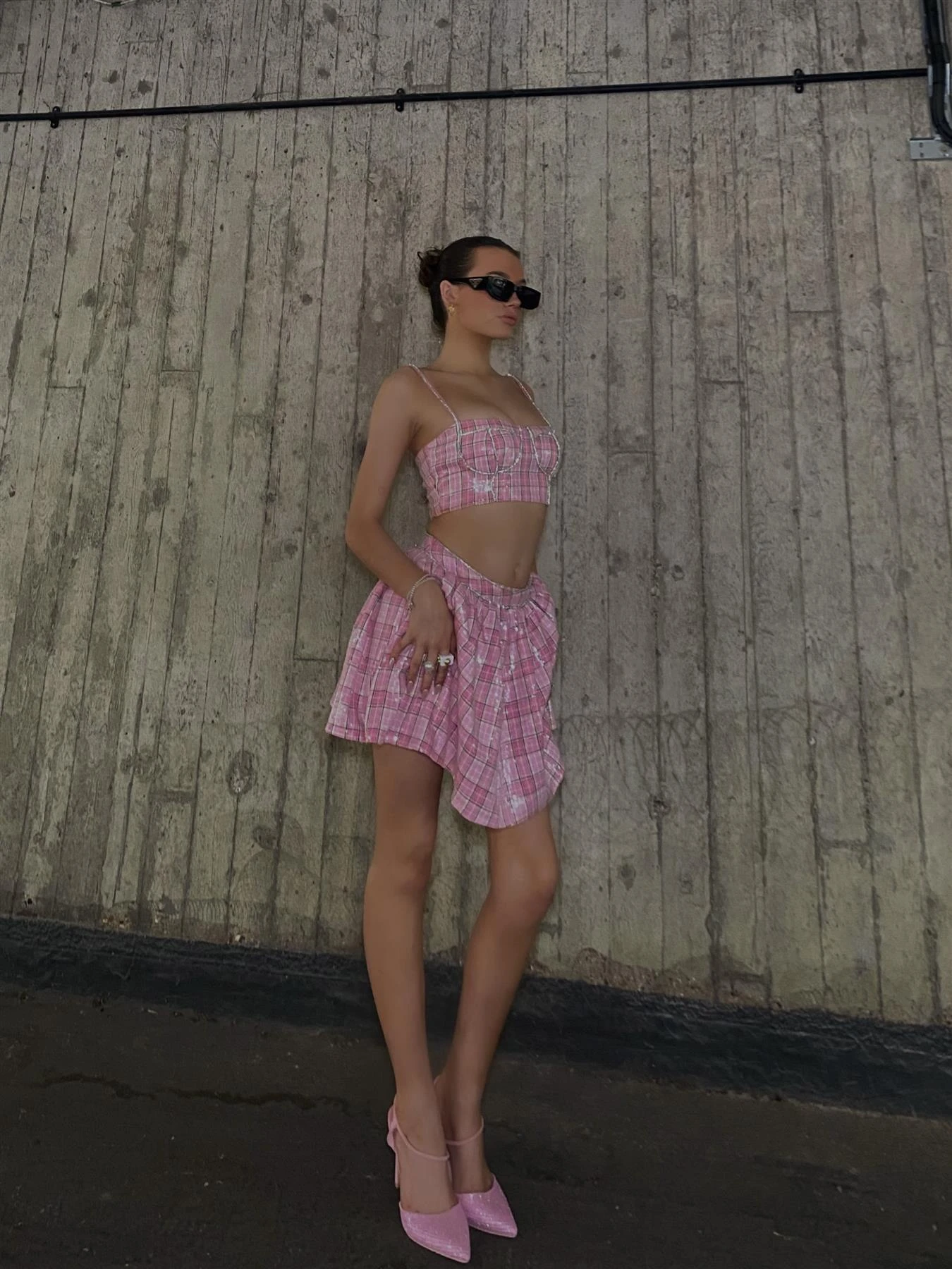 Glamorous Cher Co-ord Diamante Trim Skater Mini Skirt - Pink Check Sequin 7 Glamorous Cher Co-ord Diamante Trim Skater Mini Skirt - Pink Check Sequin - Image 5