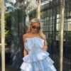 Glamorous Light Blue Tiered Pleated Mini-Dress