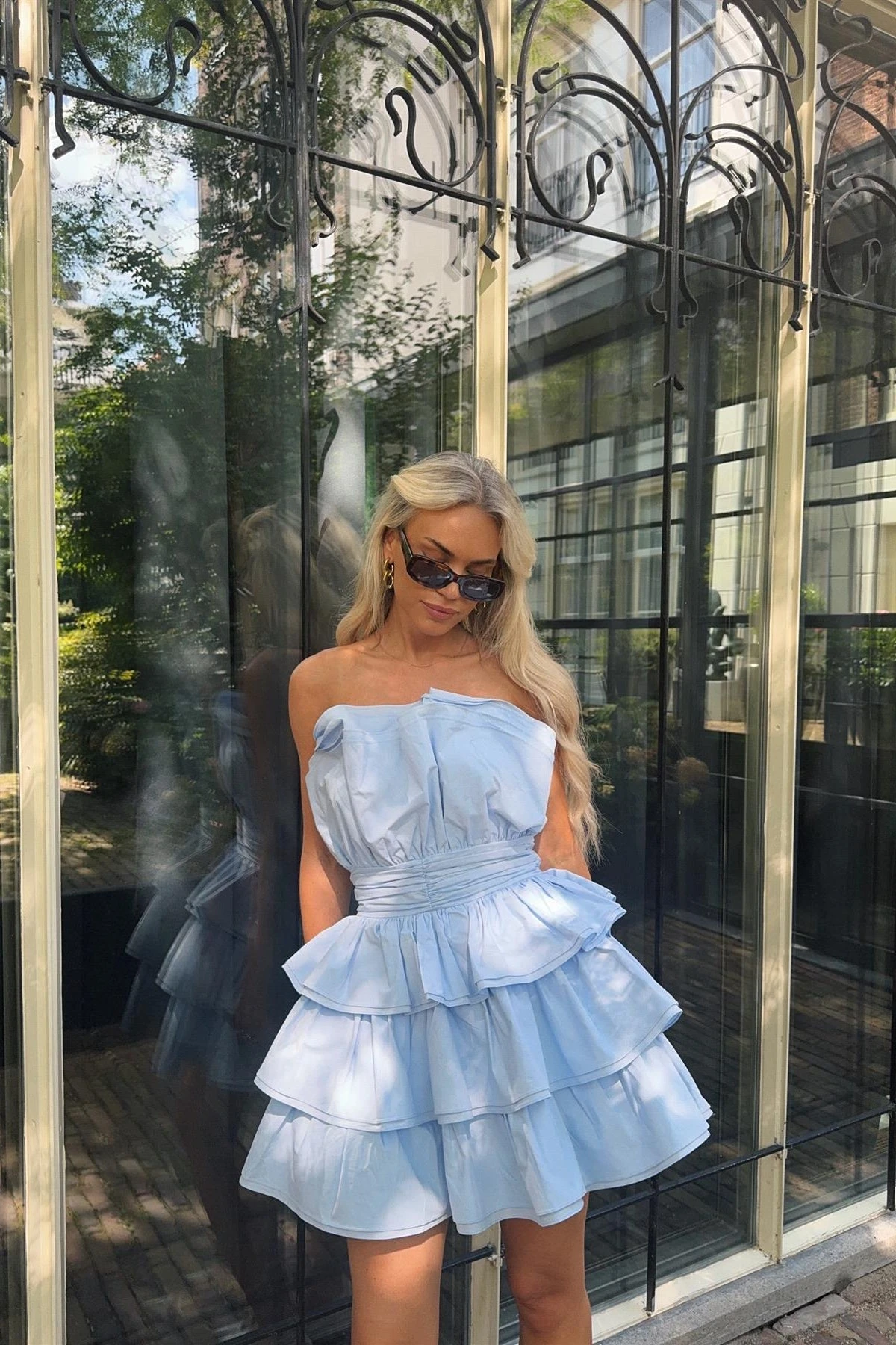 Glamorous Light Blue Tiered Pleated Mini-Dress 3 Glamorous Light Blue Tiered Pleated Mini-Dress