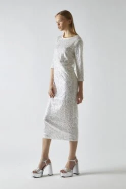 Glamorous Silver-Iridescent Sequin A-Line Midaxi-Dress