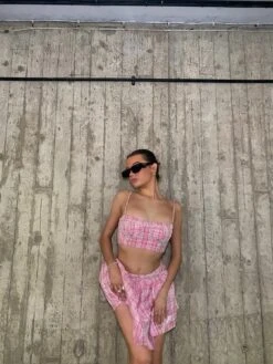 Glamorous Cher Co-ord Diamante Trim Crop Top - Pink Check Sequin -Glamorous Shop cf682a1a ef67 4ecf 9594 97664c03e163