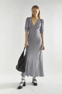Glamorous Light-Blue Check V-Neck Midi Tea-Dress