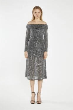 Glamorous Black Mesh-Sequin Bardot Midi-Dress