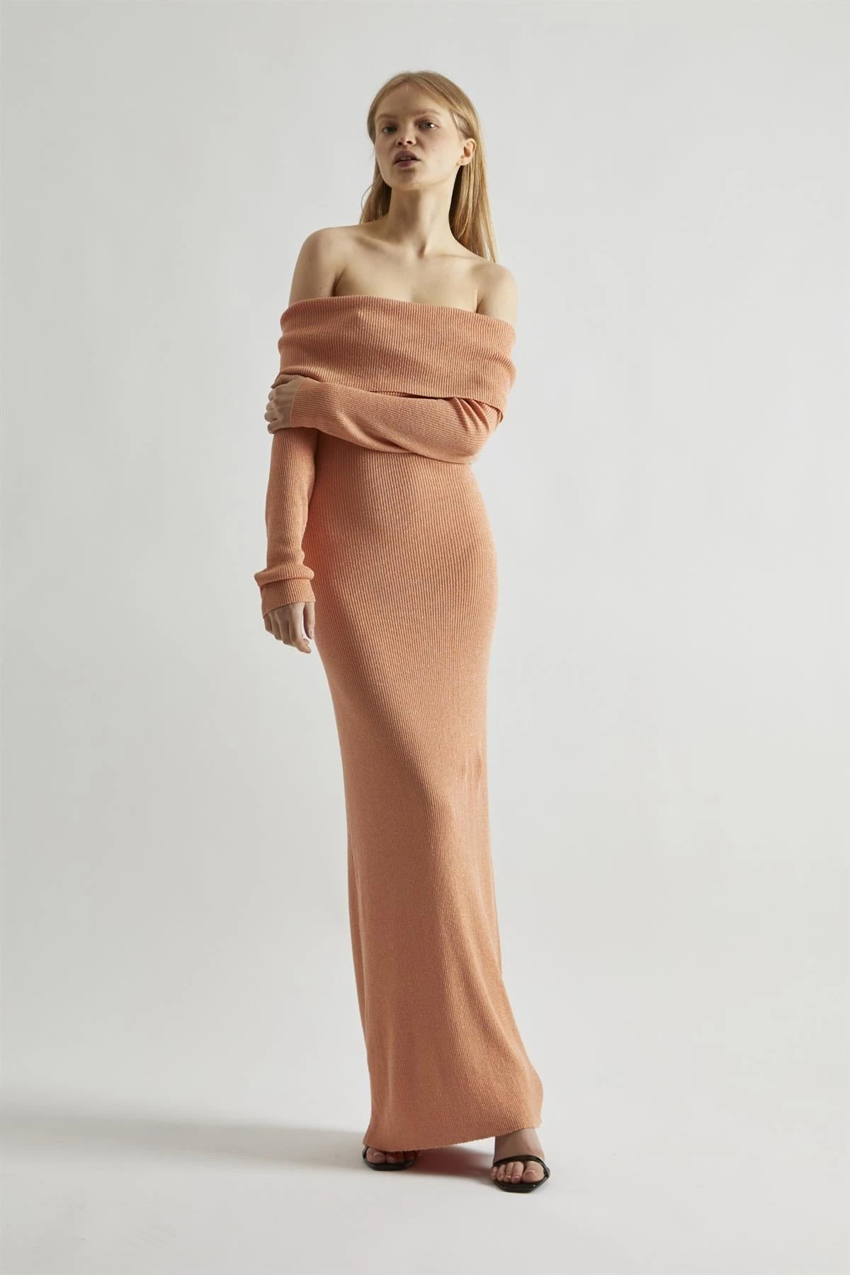 Glamorous Dusty-Peach Glitter Knitted Bardot Maxi-Dress 3 Glamorous Dusty-Peach Glitter Knitted Bardot Maxi-Dress