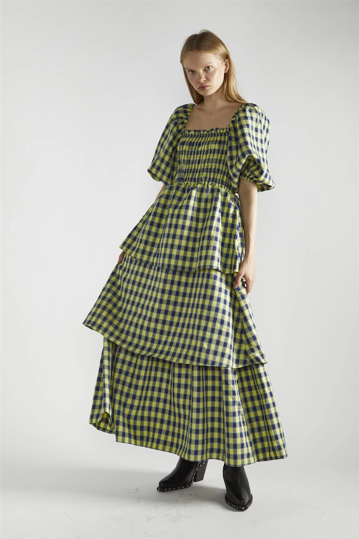 Glamorous Yellow-Blue Check Tiered Maxi-Dress 3 Glamorous Yellow-Blue Check Tiered Maxi-Dress