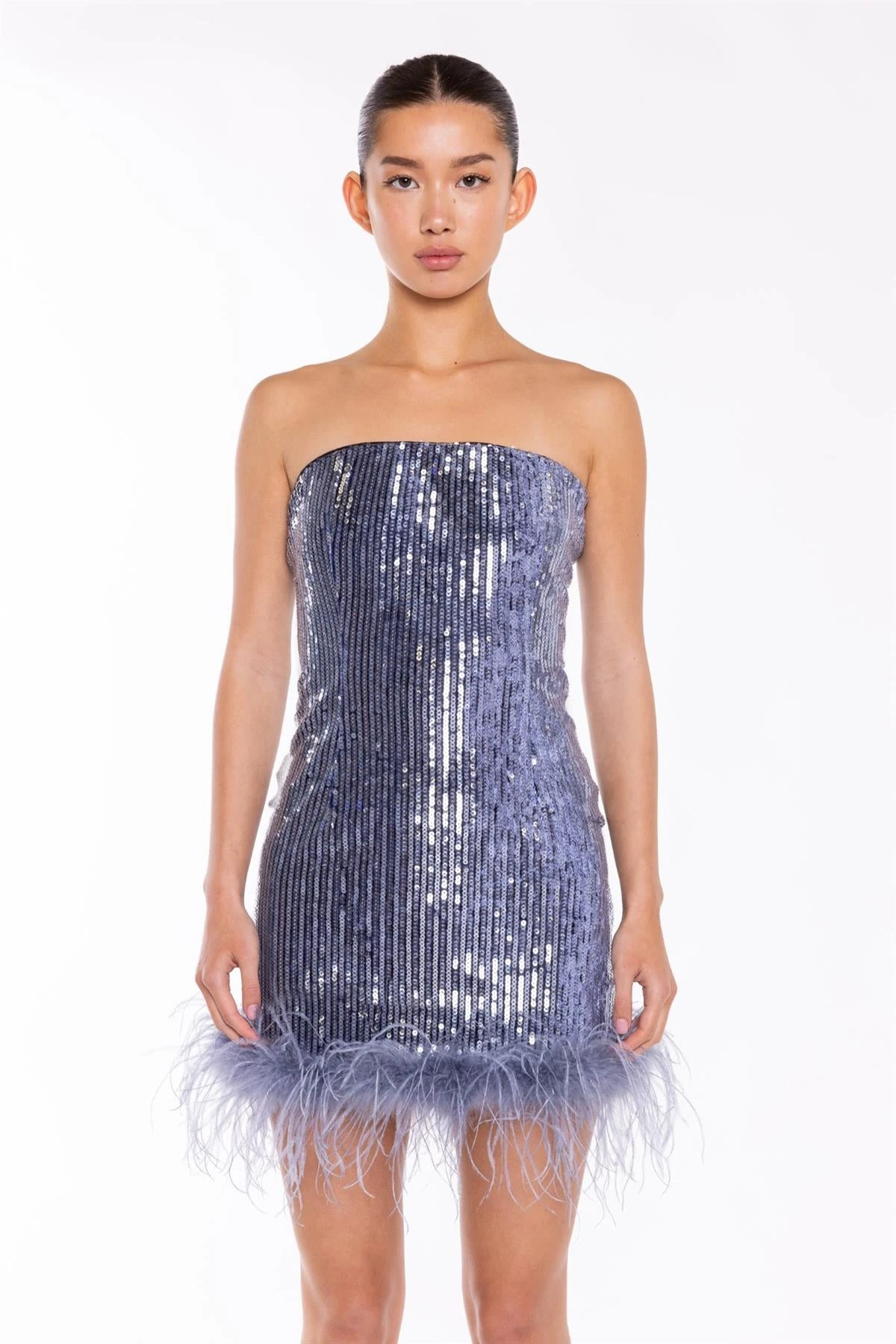 Glamorous Blue-Sequin Feather-Hem Mini-Dress 5 Glamorous Blue-Sequin Feather-Hem Mini-Dress - Image 3