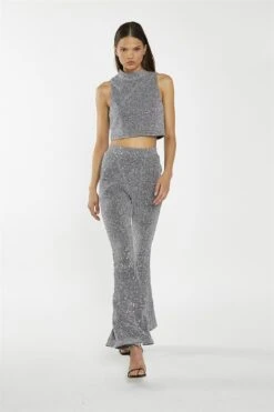 Glamorous Silver-Sequin Plisse Flared-Trousers -Glamorous Shop d983f1fb b9dc 4a0b a502 d327ec101d5b