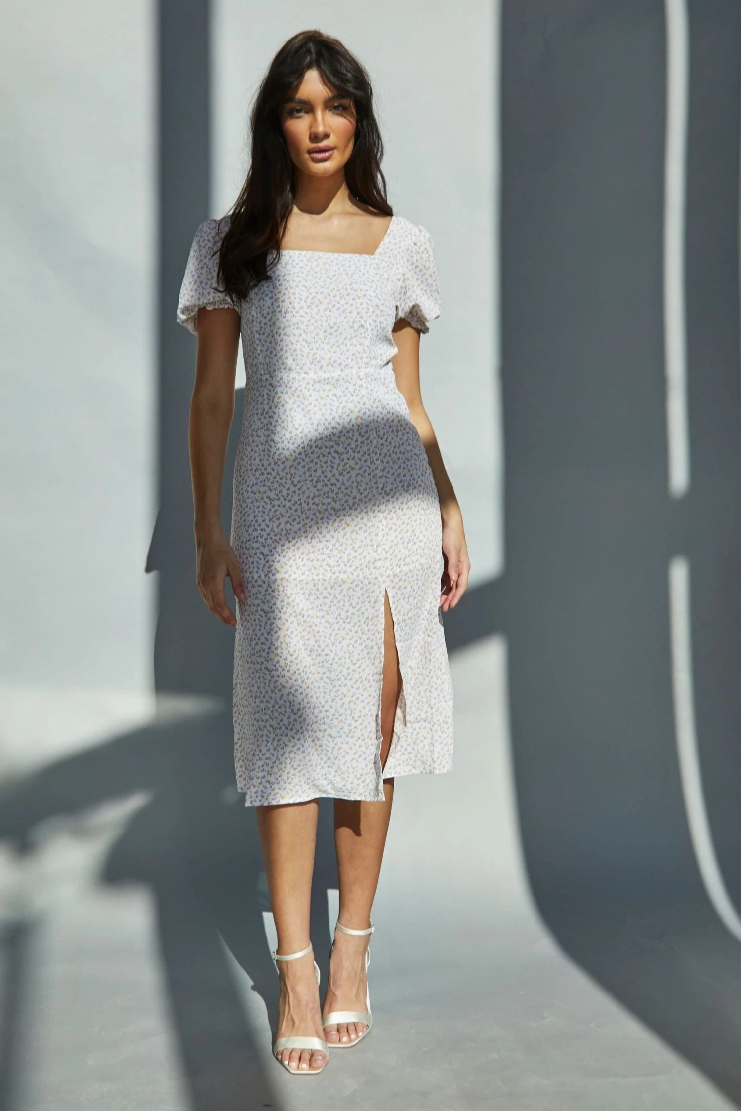 Glamorous Lilac Yellow Mini Ditsy Side Split Square Neck Midi Dress 3 Glamorous Lilac Yellow Mini Ditsy Side Split Square Neck Midi Dress