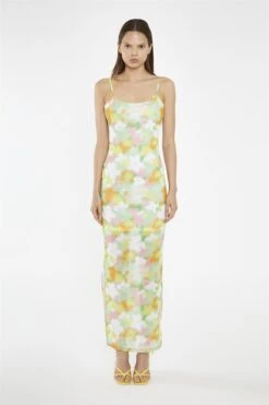 Glamorous Blurred-Flower Mesh Bodycon Maxi-Dress