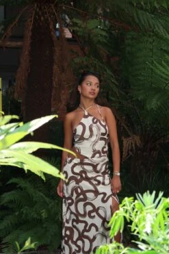 Glamorous Natural-Brown-Swirl Split-Leg Maxi-Dress