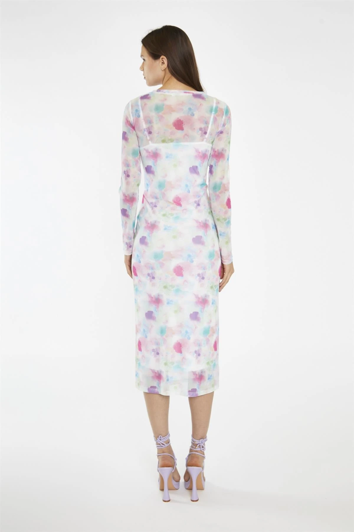 Glamorous Watercolour-Floral Mesh Long Sleeve Midi-Dress 4 Glamorous Watercolour-Floral Mesh Long Sleeve Midi-Dress - Image 2