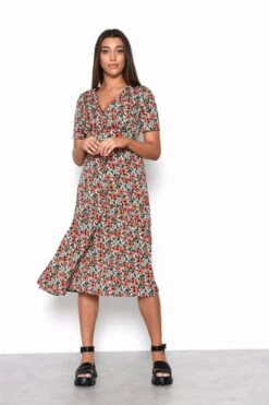 Glamorous Bold-Multi-Floral V-Neck Midi-Dress