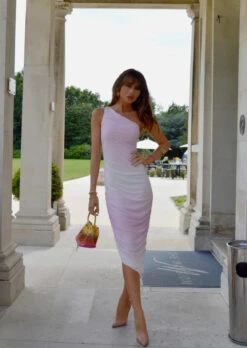 Glamorous Pink-White Ombre Mesh Asymmetric Ruched Midaxi-Dress