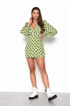 Glamorous Green Brown Polka Dot Wrap Mini-Dress