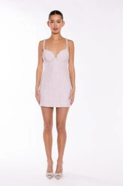 Glamorous Pink-White Tweed Diamante Trim Mini-Dress