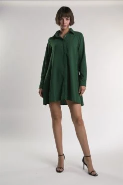 Glamorous Dark-Green Long-Sleeve-Button-Front Mini-Shirt Dress