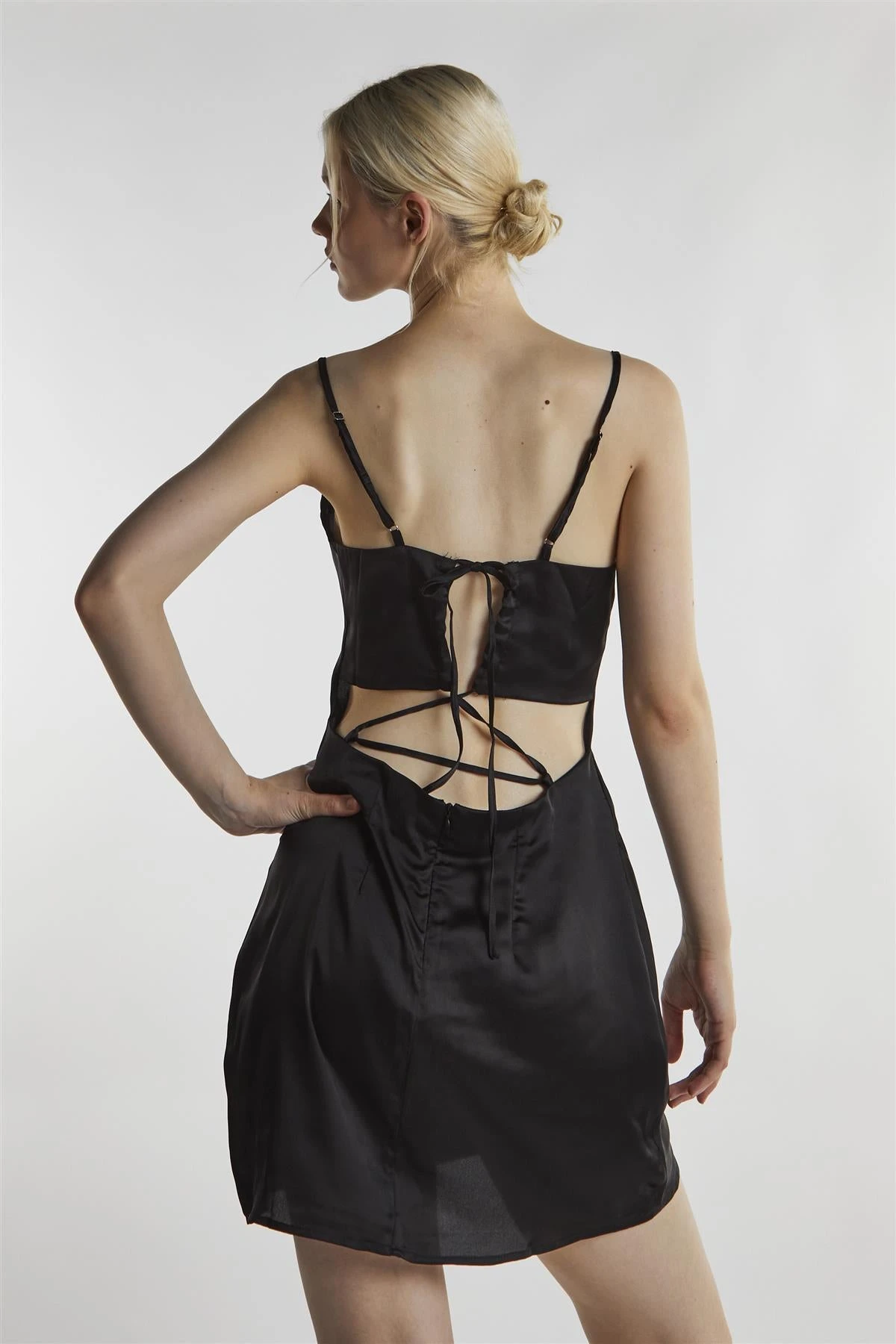 Glamorous Black-Satin Tie-Back Mini-Dress 4 Glamorous Black-Satin Tie-Back Mini-Dress - Image 2